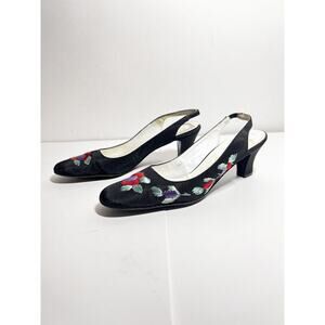VTG DeLiso Debs EUC Black Embroidered 2.5" Slingback Heel Shoe 9.5 S Vintage